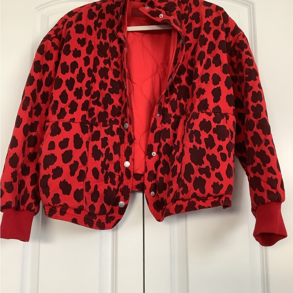 Blank NYC Red and Black Leopard Print Puffer Jacket
